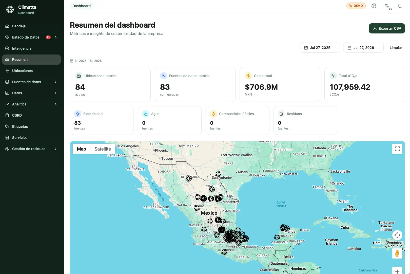 Dashboard de Climatta: todas tus sedes y proveedores de servicios consolidados en un solo mapa